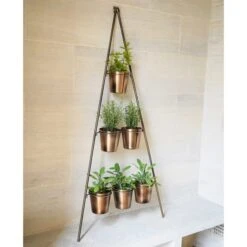 Gold Metal Wall Plant Stand With Planters -Gardens and Outdoors 30732717