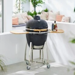 Tower Kamado XL Ceramic Charcoal BBQ With Wooden Shelves, Black -Gardens and Outdoors 30849205 alt04