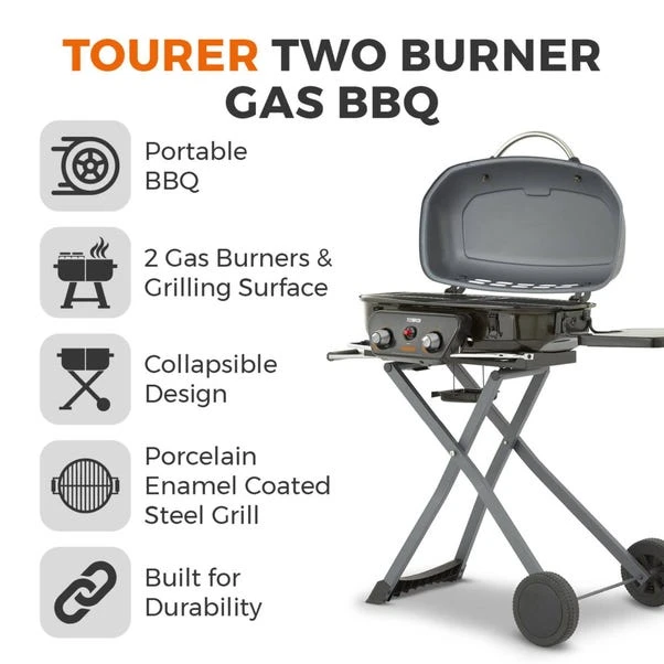 Tower Tourer Two Burner Portable Gas BBQ, Black Steel 4 Tower Tourer Two Burner Portable Gas BBQ, Black Steel - Image 2