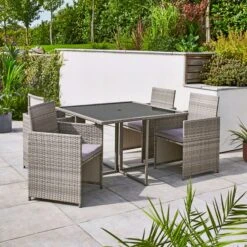Grey Rattan 4 Seater Dining Cube Set -Gardens and Outdoors 30927273 alt01