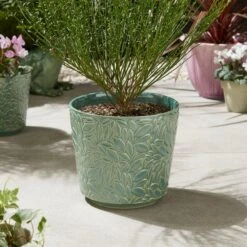 Leaf Embossed Stoneware Plant Pot -Gardens and Outdoors 30927965