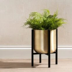 Gold Metal Plant Pot With Black Stand -Gardens and Outdoors 30958136