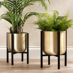 Gold Metal Plant Pot With Black Stand -Gardens and Outdoors 30958181 alt06