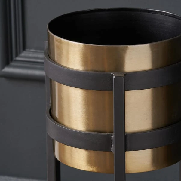 Brass & Black Metal Plant Pot & Stand 5 Brass & Black Metal Plant Pot & Stand - Image 3